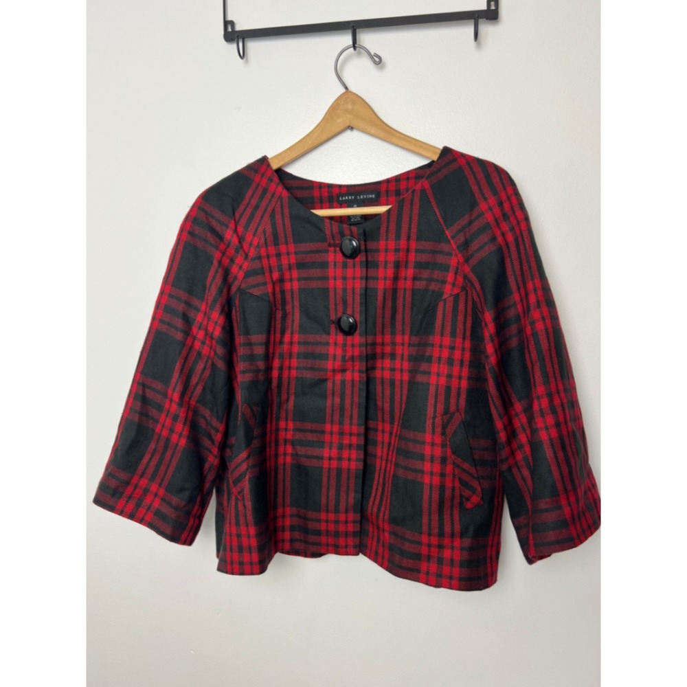 Larry Levine Red Black Plaid Cropped Swing Jacket Blazer Herringbone 3/4 Size 12